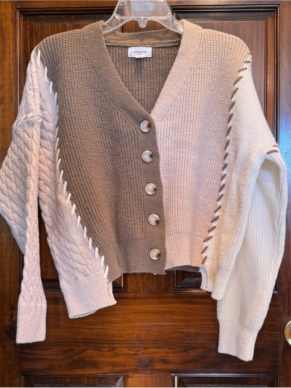 Anniewear: Two-Tone V-Neck Button Cardigan - Brown & Cream